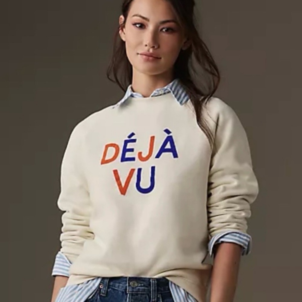 Anthropologie Clare V. Deja Vu Sweatshirt Cream Graphic Pullover L Double Sided